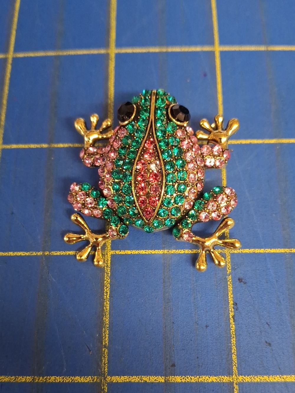 Crystal Frog Brooch 1.5" Pin Green and Pink